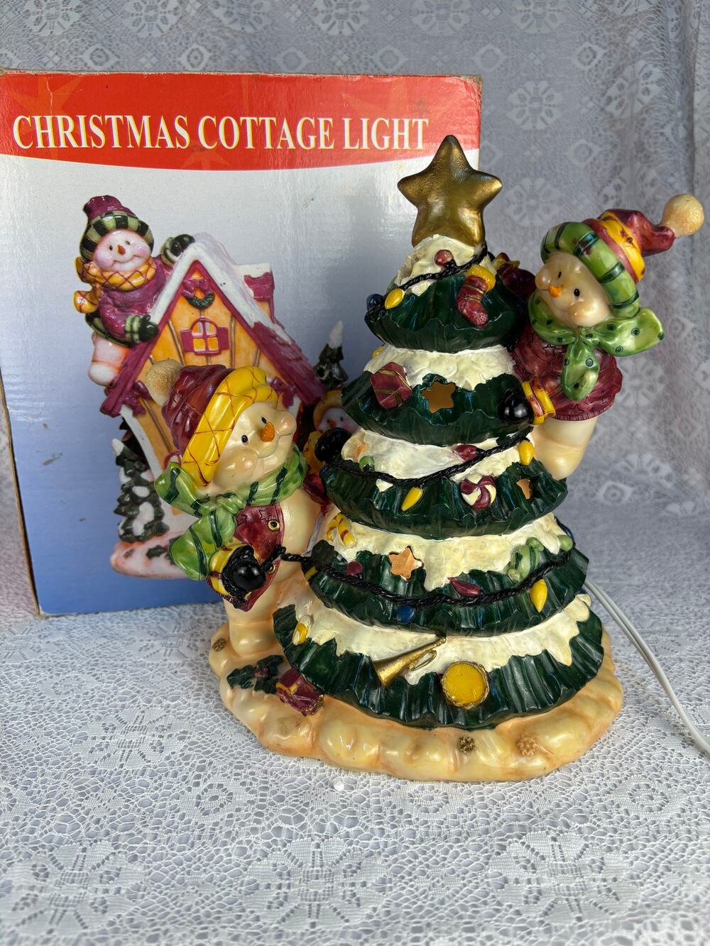 Christmas Cottage Light Snowmen Decorating Tree Lighted Figurine w Box